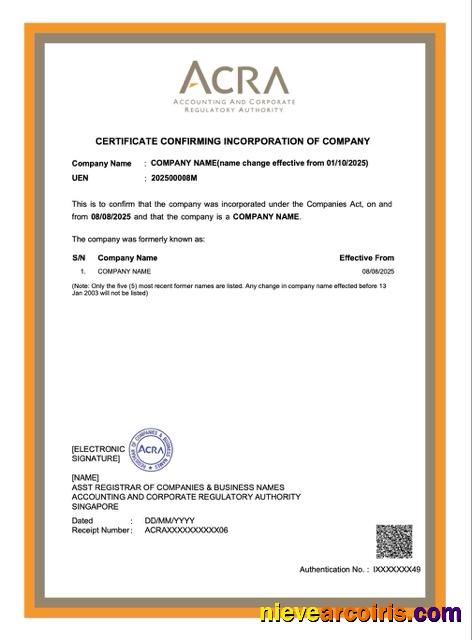 Singapore certificate confirming incorporation of company
